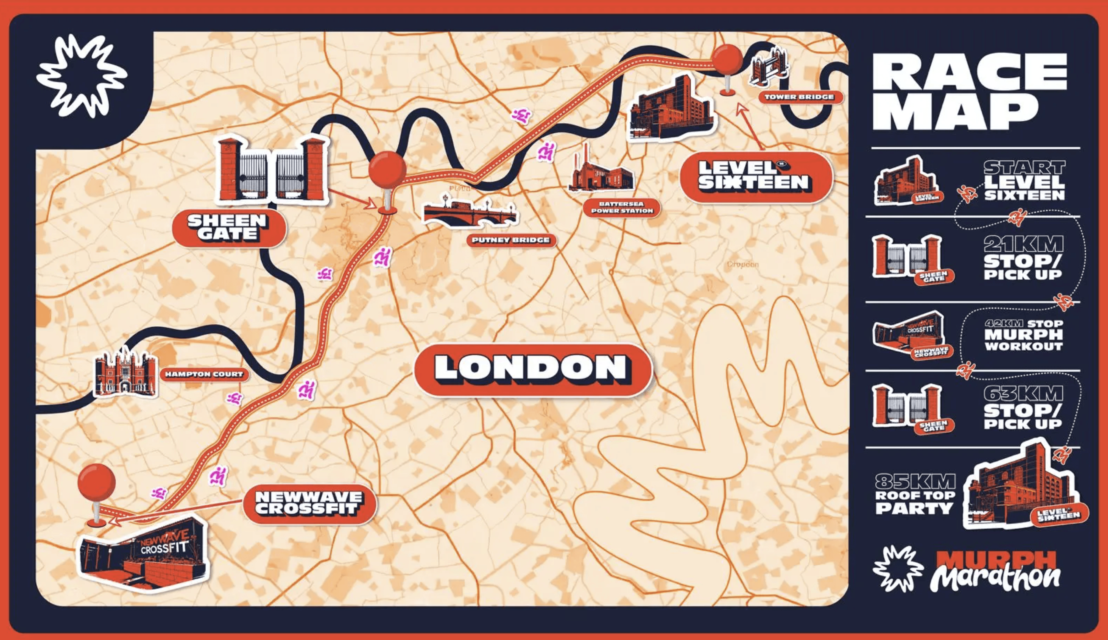 Murph Marathon Race Map - London showing full route through Sheen Gate, Newwave CrossFit Byfleet, and back